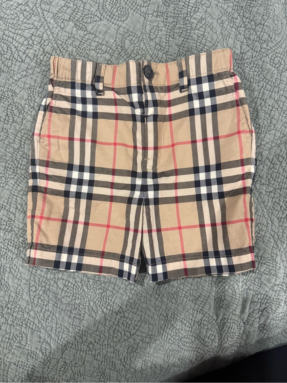 Burberry Classic Check Bermuda Shorts in Beige and Navy with Red Accents